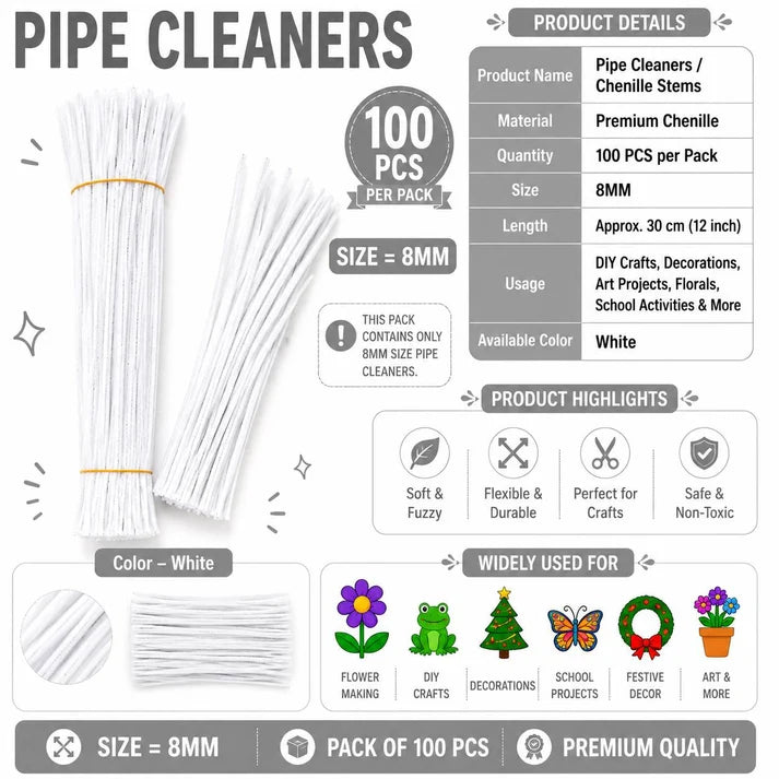 Premium Pipe Cleaners (8MM Approx.) (white) pack of 100 pcs