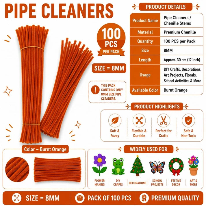 Premium Pipe Cleaners (8MM) (Burnt Orange) PACK OF 100 PCS