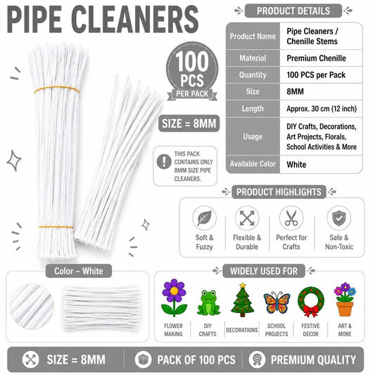 Premium Pipe Cleaners (8MM Approx.) (white) pack of 100 pcs