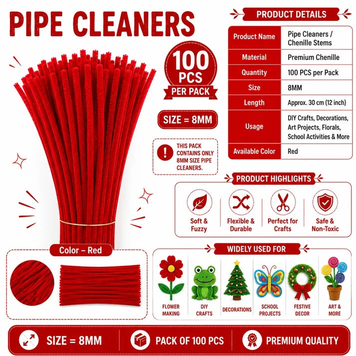 Premium Pipe Cleaners (8MM Approx.) (RED) PACK OF 100 PC